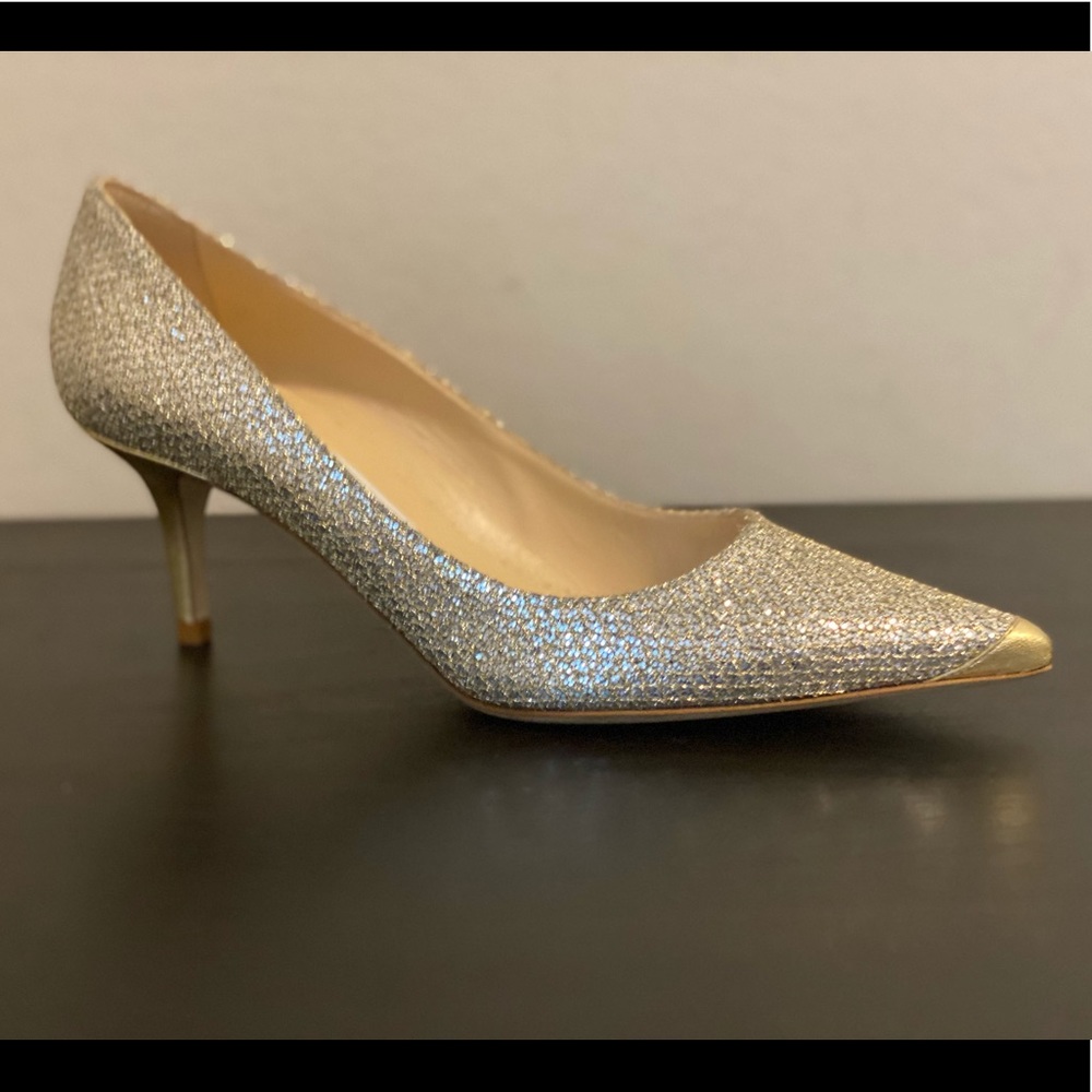 JIMMY CHOO AGNES CHAMPAGNE GLITTER FABRIC PUMPS